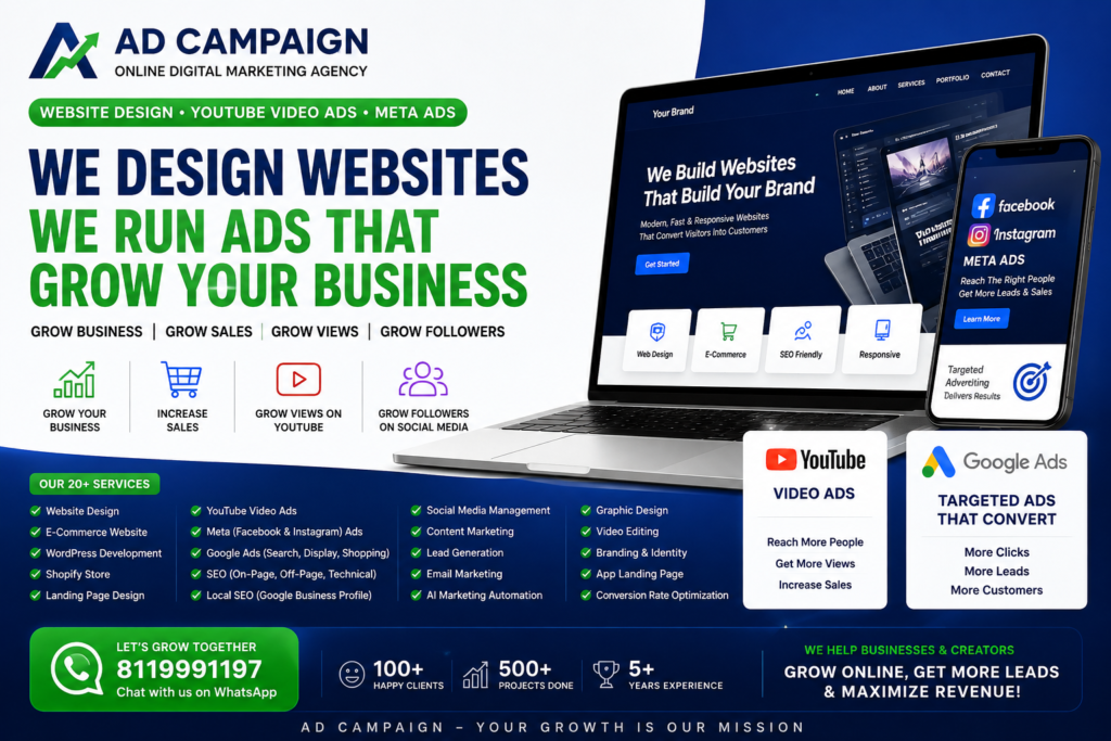 Professional website design, Google Ads, Meta Ads, YouTube advertising and SEO services by Ad Campaign digital marketing agency for business growth.