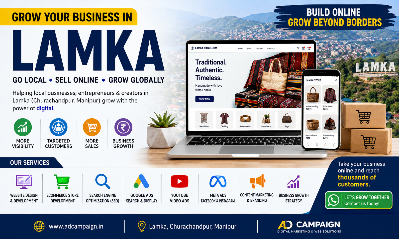Digital marketing, website design, eCommerce, SEO, Google Ads, and Meta Ads services helping businesses in Lamka (Churachandpur, Manipur) grow online